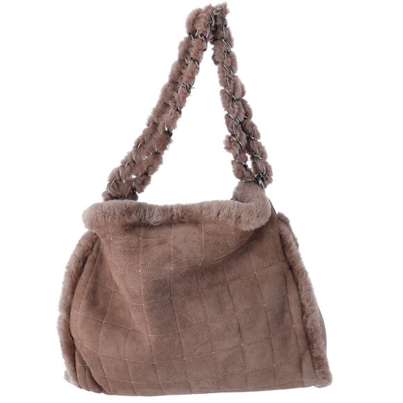 Chanel Chocolate Bar Shearling Suede Stitched CC Tote Dark Brown - Picture 3 of 7